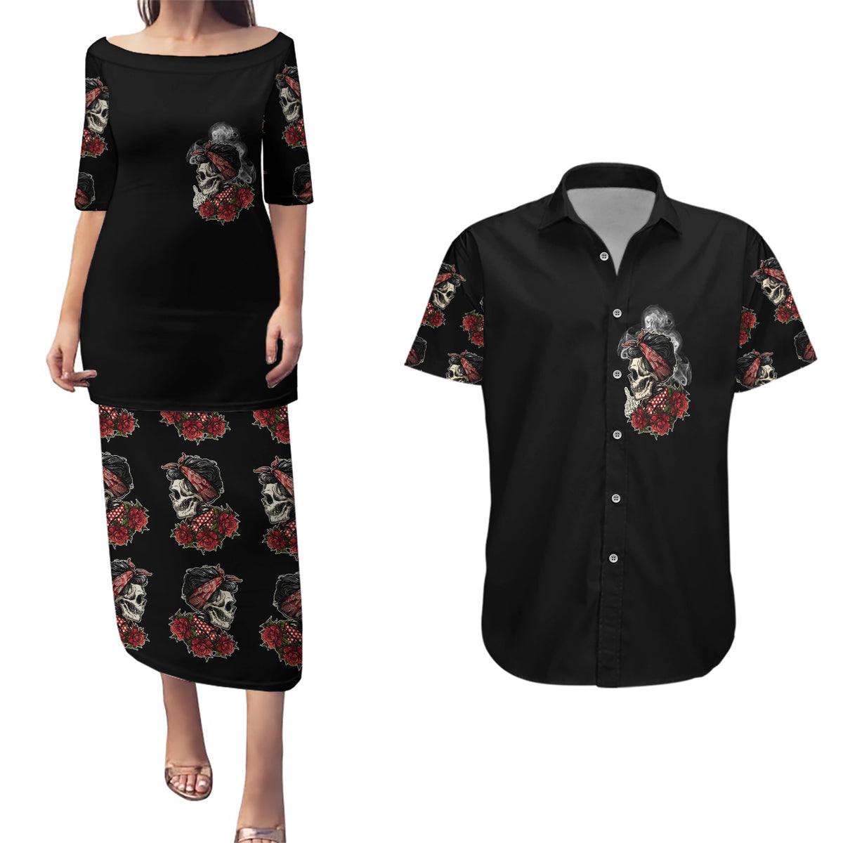 Skl Rose - Zero Fck Given Couples Matching Puletasi Dress and Hawaiian Shirt - Wonder Print Shop