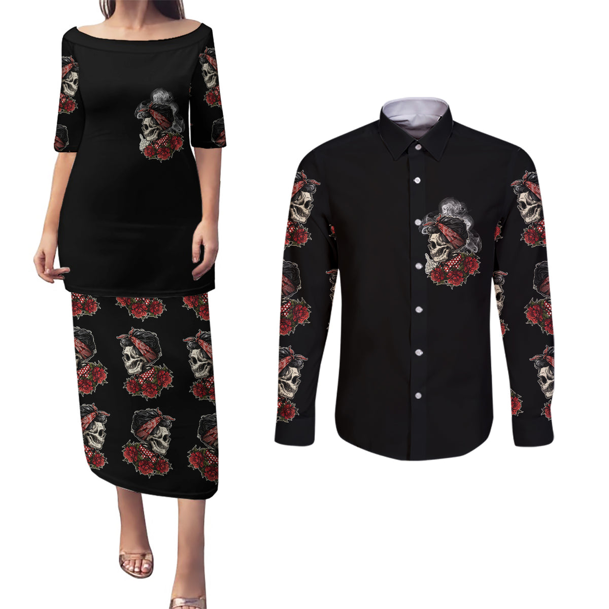 Skl Rose - Zero Fck Given Couples Matching Puletasi Dress and Long Sleeve Button Shirt - Wonder Print Shop