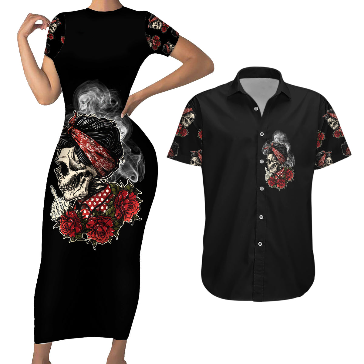 Skl Rose - Zero Fck Given Couples Matching Short Sleeve Bodycon Dress and Hawaiian Shirt - Wonder Print Shop
