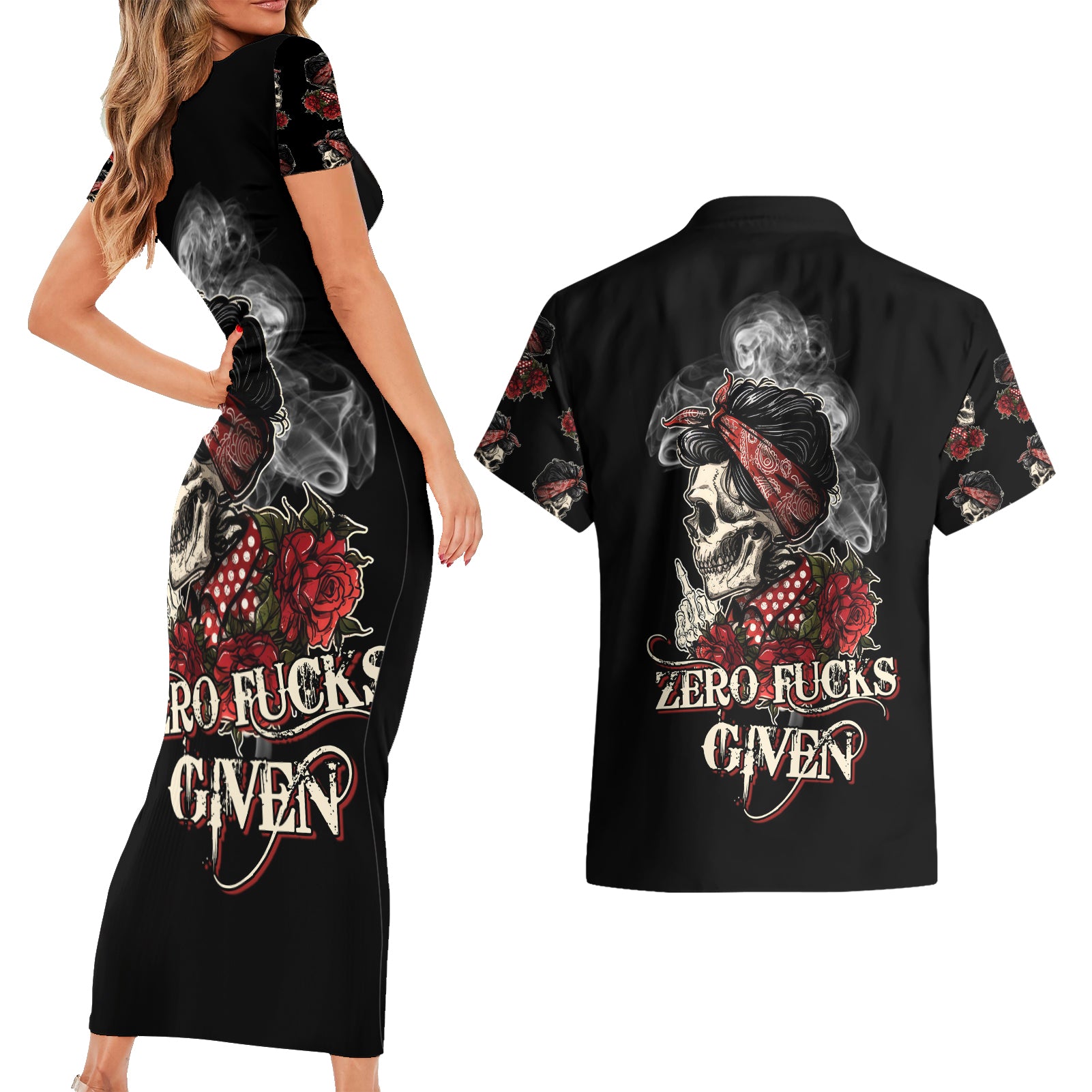 Skl Rose - Zero Fck Given Couples Matching Short Sleeve Bodycon Dress and Hawaiian Shirt - Wonder Print Shop