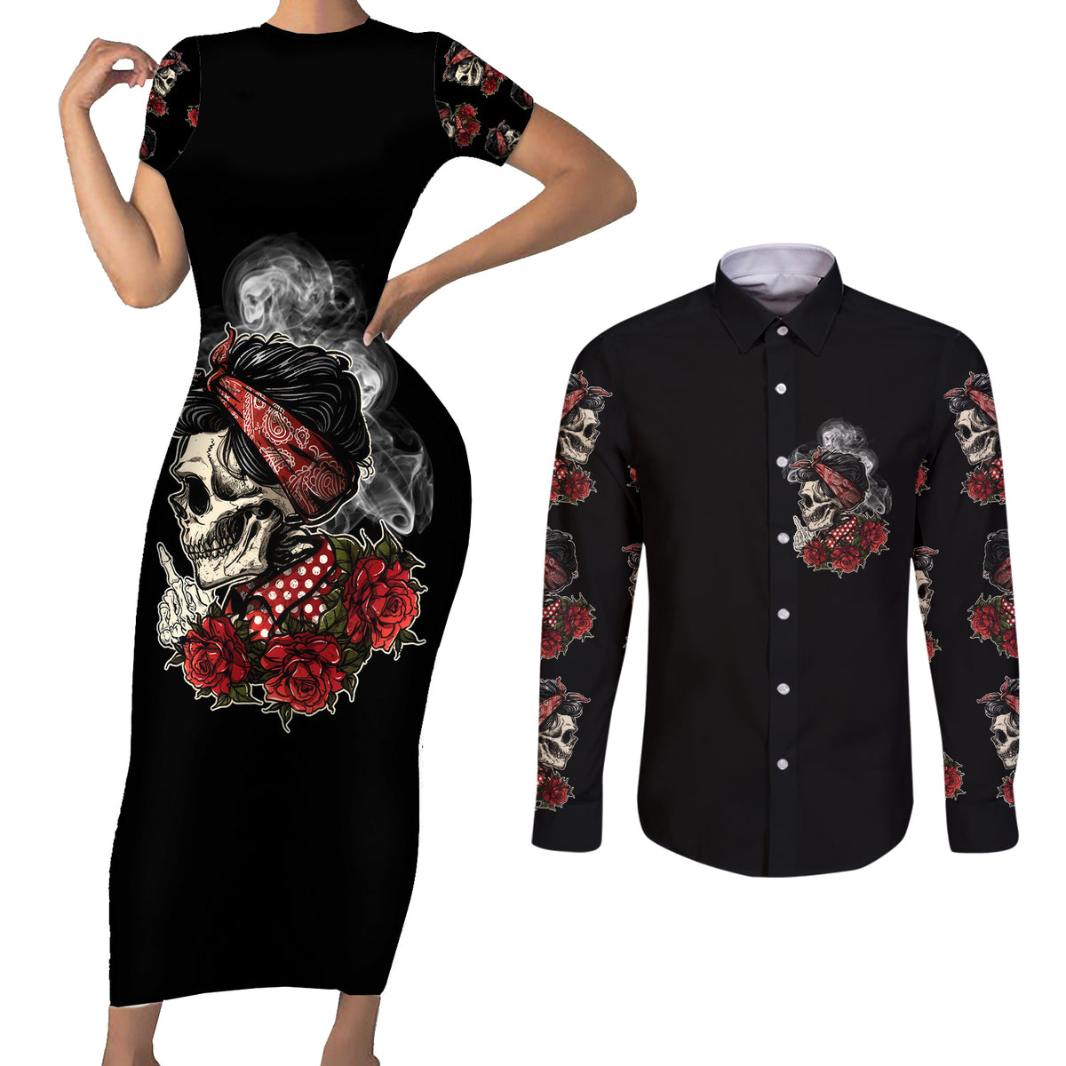 Skl Rose - Zero Fck Given Couples Matching Short Sleeve Bodycon Dress and Long Sleeve Button Shirt - Wonder Print Shop