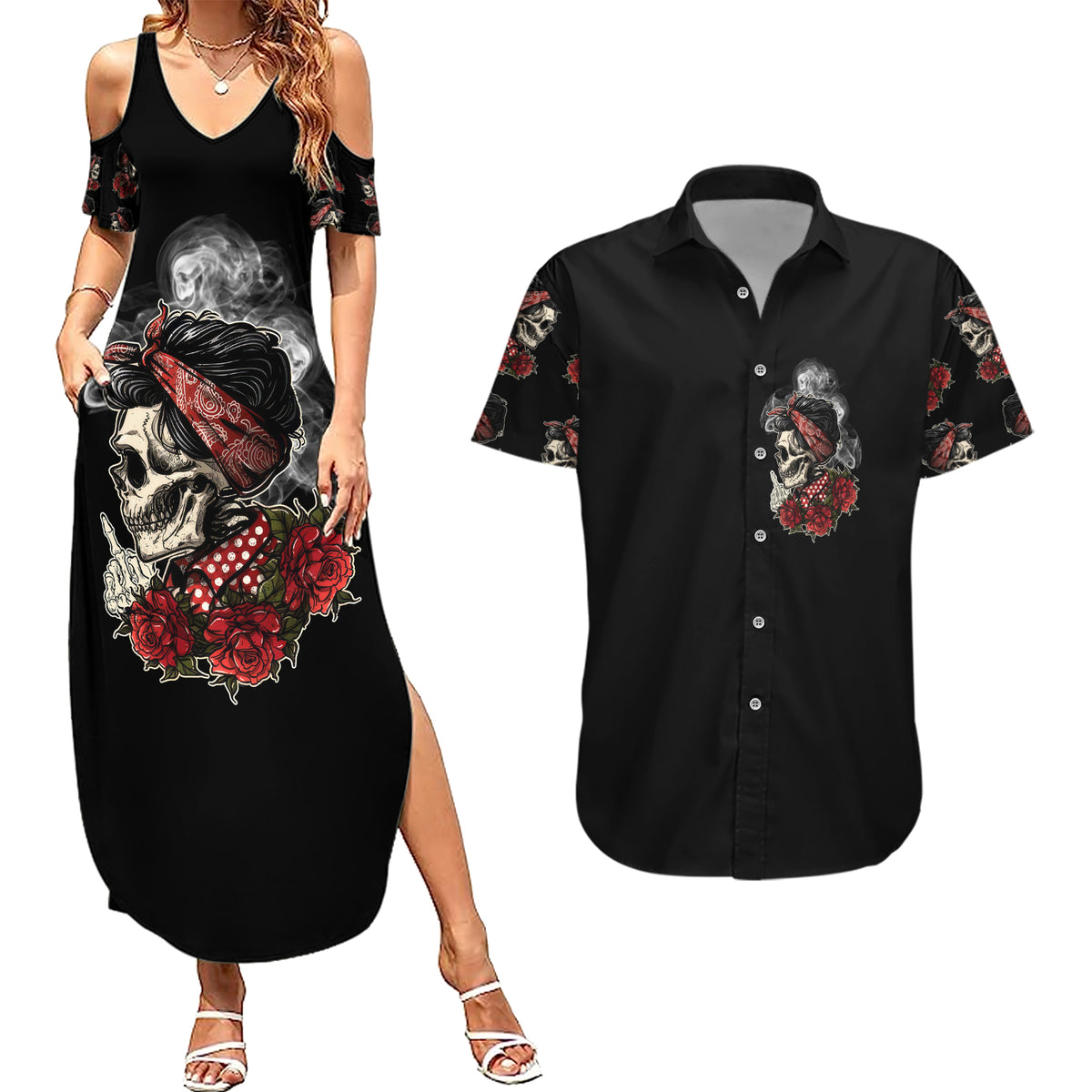 Skl Rose - Zero Fck Given Couples Matching Summer Maxi Dress and Hawaiian Shirt - Wonder Print Shop