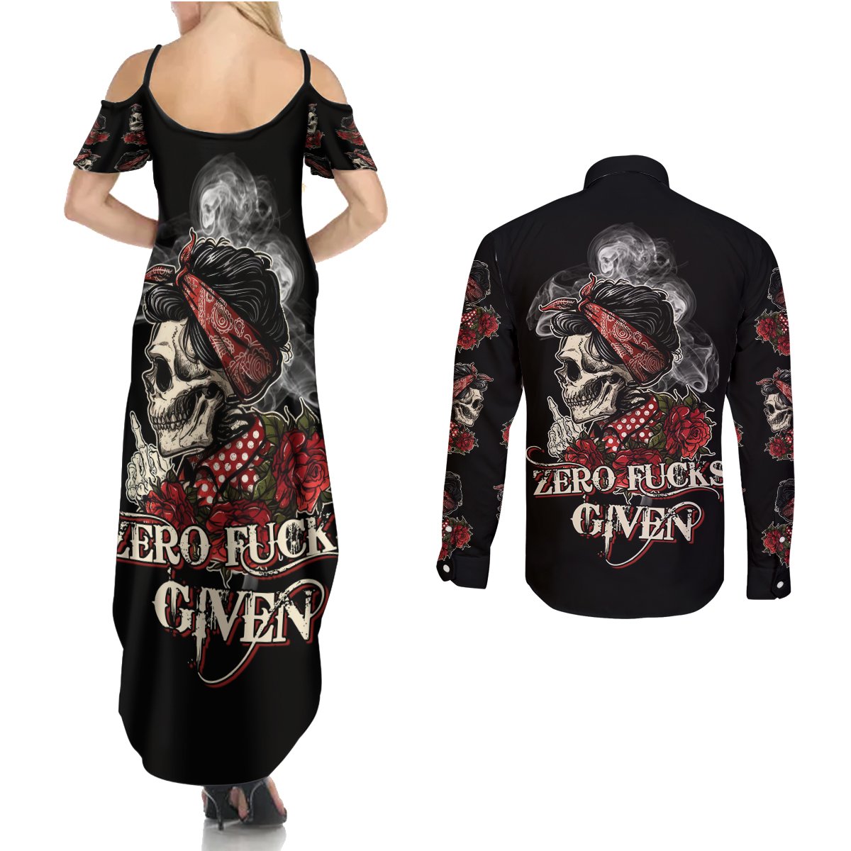 Skl Rose - Zero Fck Given Couples Matching Summer Maxi Dress and Long Sleeve Button Shirt - Wonder Print Shop