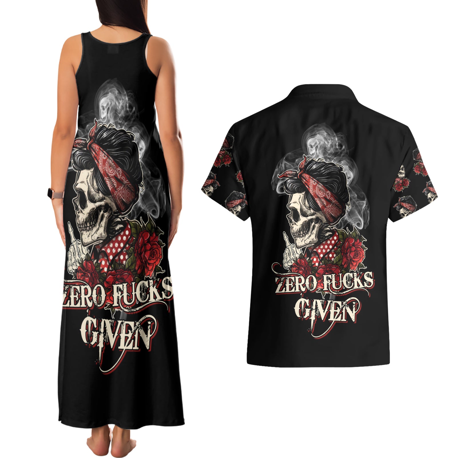 Skl Rose - Zero Fck Given Couples Matching Tank Maxi Dress and Hawaiian Shirt - Wonder Print Shop
