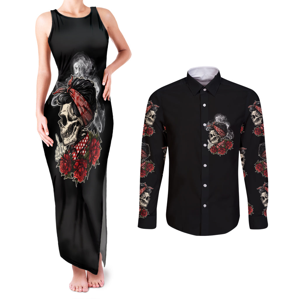 Skl Rose - Zero Fck Given Couples Matching Tank Maxi Dress and Long Sleeve Button Shirt - Wonder Print Shop