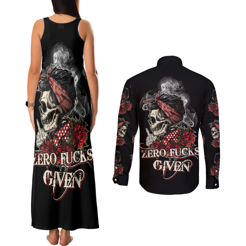 Skl Rose - Zero Fck Given Couples Matching Tank Maxi Dress and Long Sleeve Button Shirt - Wonder Print Shop