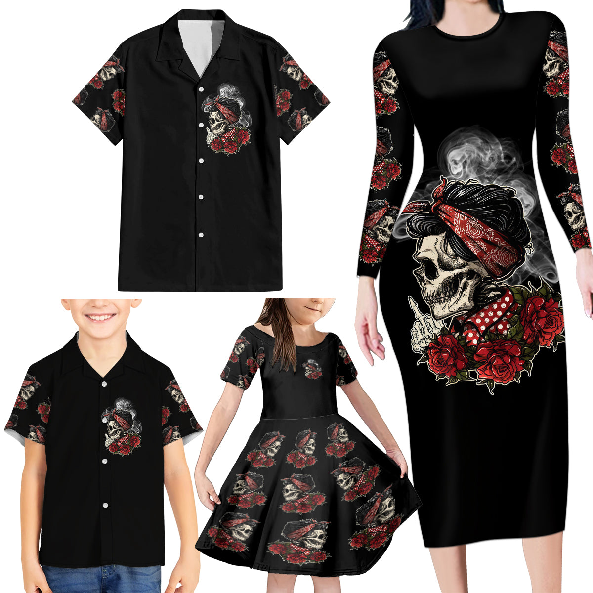 Skl Rose - Zero Fck Given Family Matching Long Sleeve Bodycon Dress and Hawaiian Shirt - Wonder Print Shop