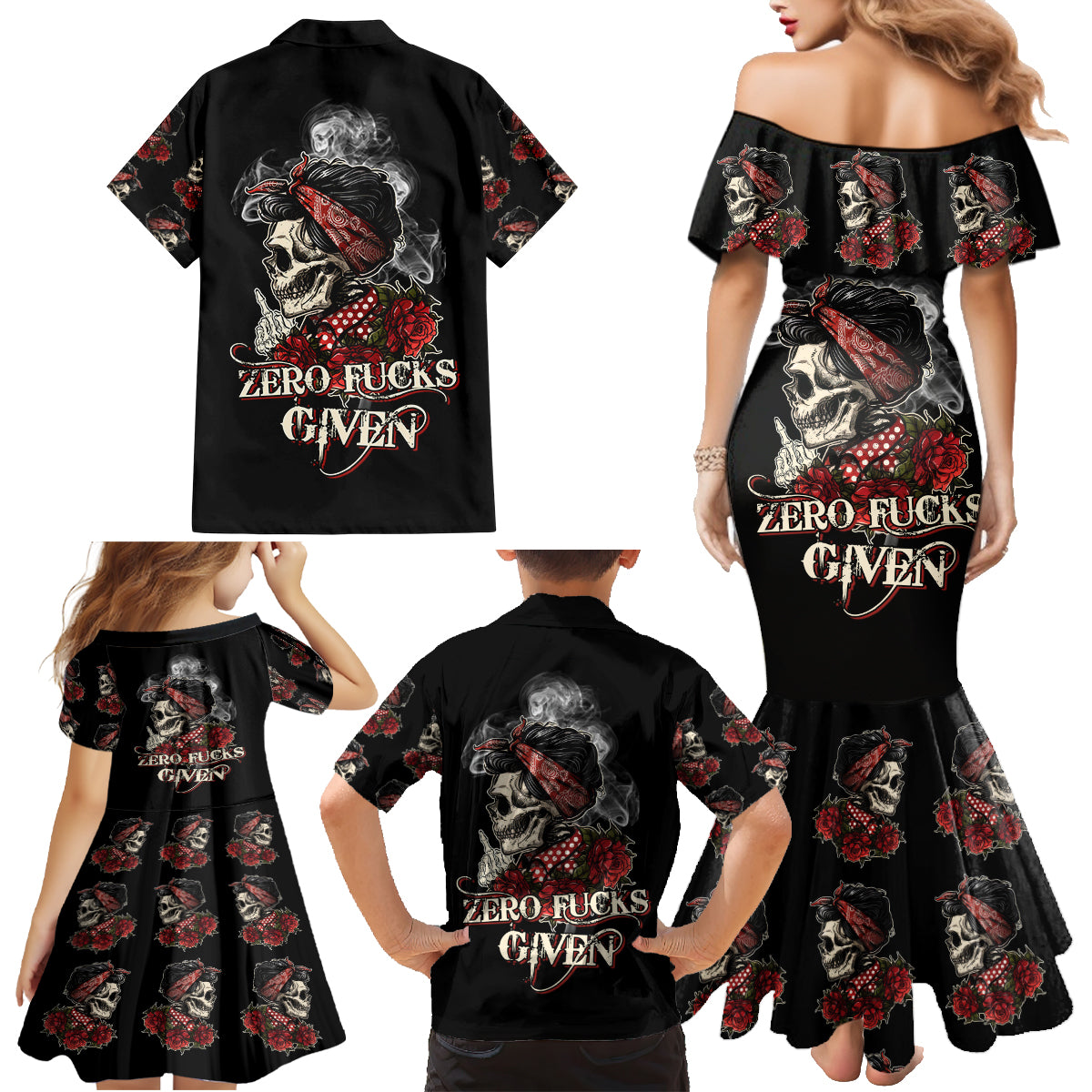 Skl Rose - Zero Fck Given Family Matching Mermaid Dress and Hawaiian Shirt - Wonder Print Shop