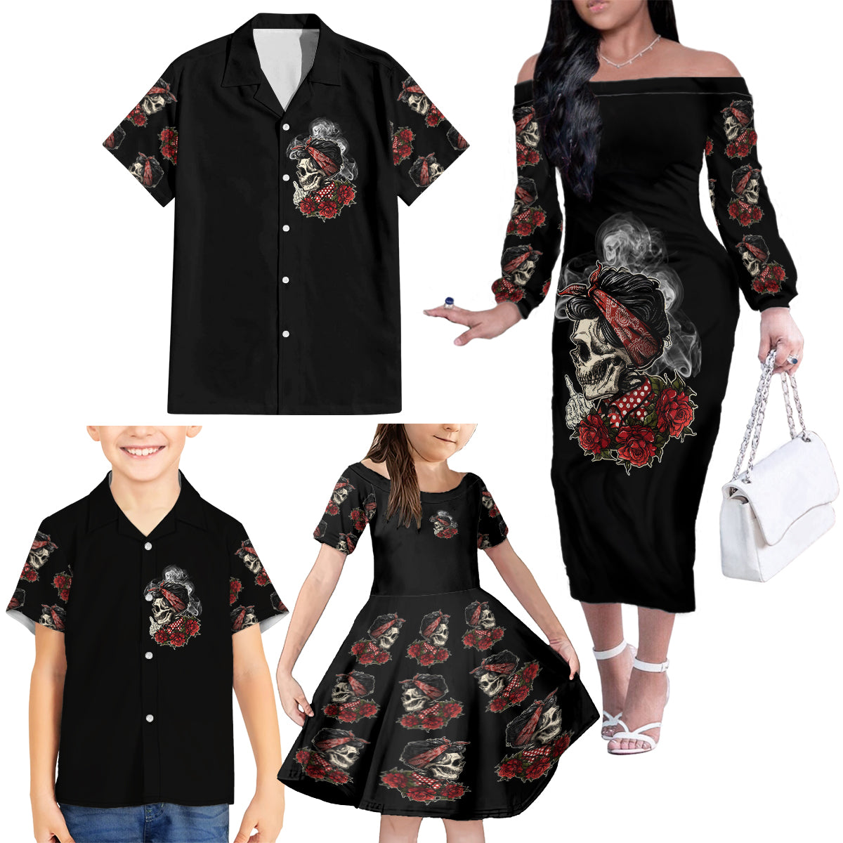 Skl Rose - Zero Fck Given Family Matching Off Shoulder Long Sleeve Dress and Hawaiian Shirt - Wonder Print Shop