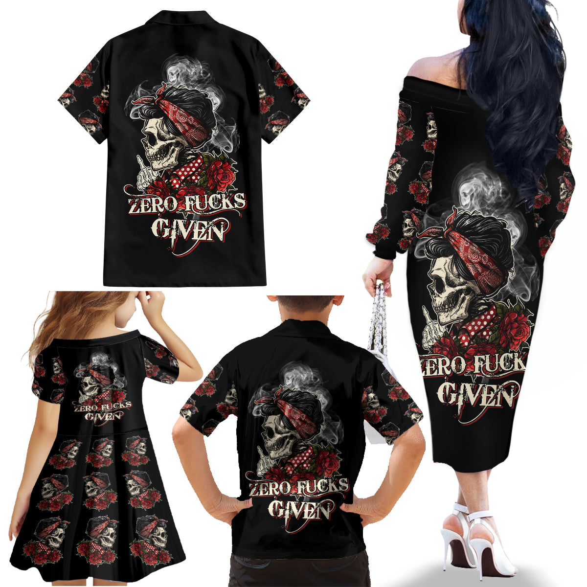 Skl Rose - Zero Fck Given Family Matching Off Shoulder Long Sleeve Dress and Hawaiian Shirt - Wonder Print Shop