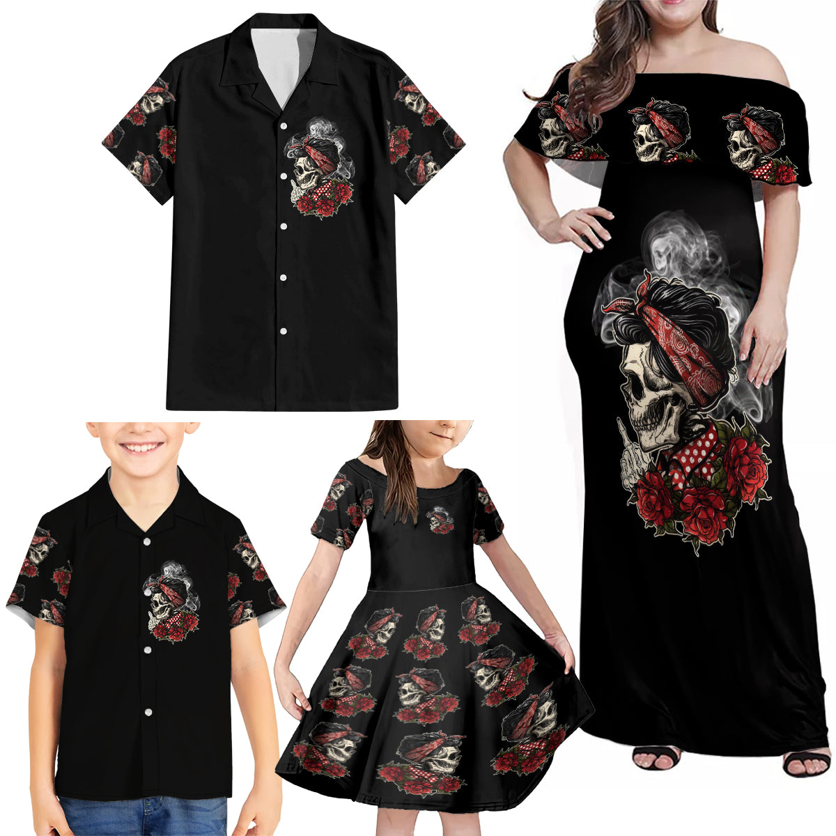 Skl Rose - Zero Fck Given Family Matching Off Shoulder Maxi Dress and Hawaiian Shirt - Wonder Print Shop