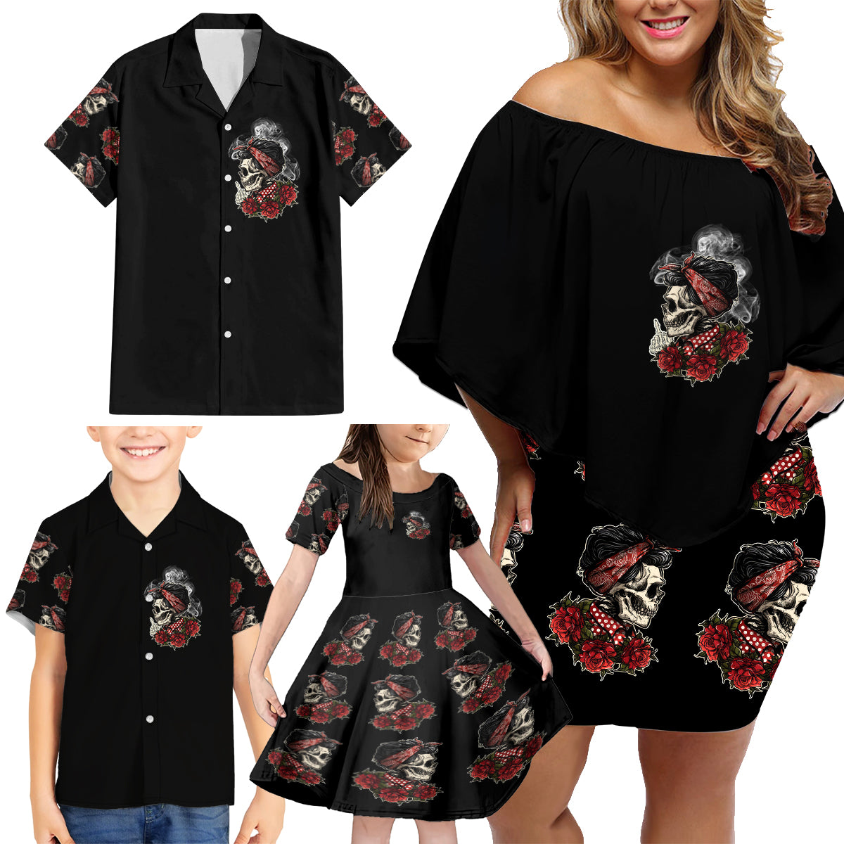 Skl Rose - Zero Fck Given Family Matching Off Shoulder Short Dress and Hawaiian Shirt - Wonder Print Shop