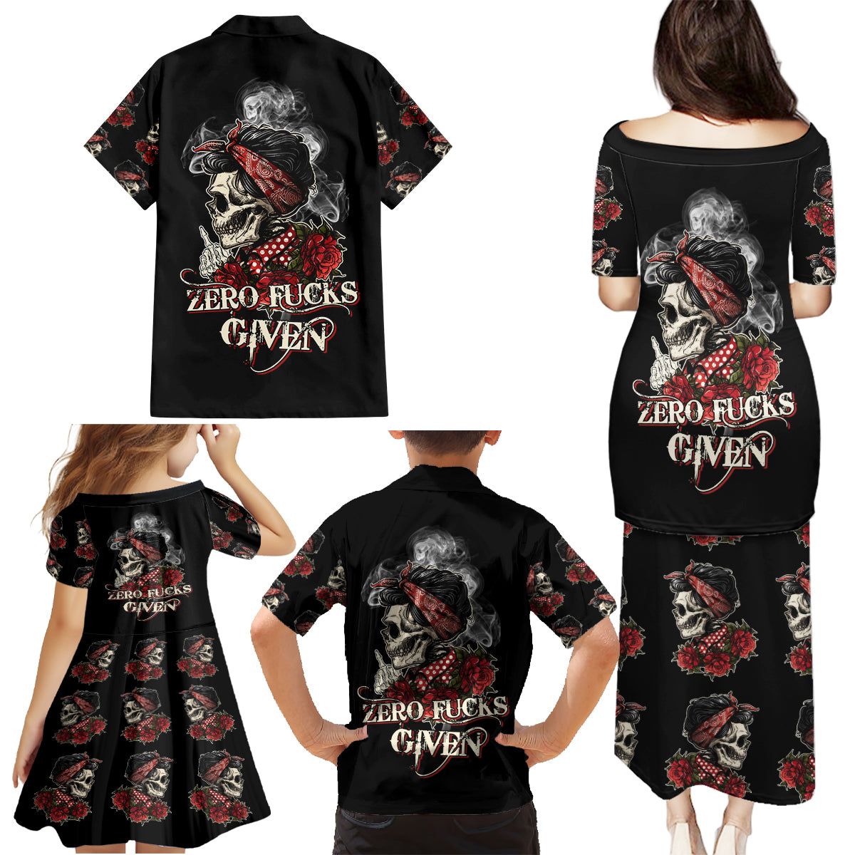 Skl Rose - Zero Fck Given Family Matching Puletasi Dress and Hawaiian Shirt - Wonder Print Shop