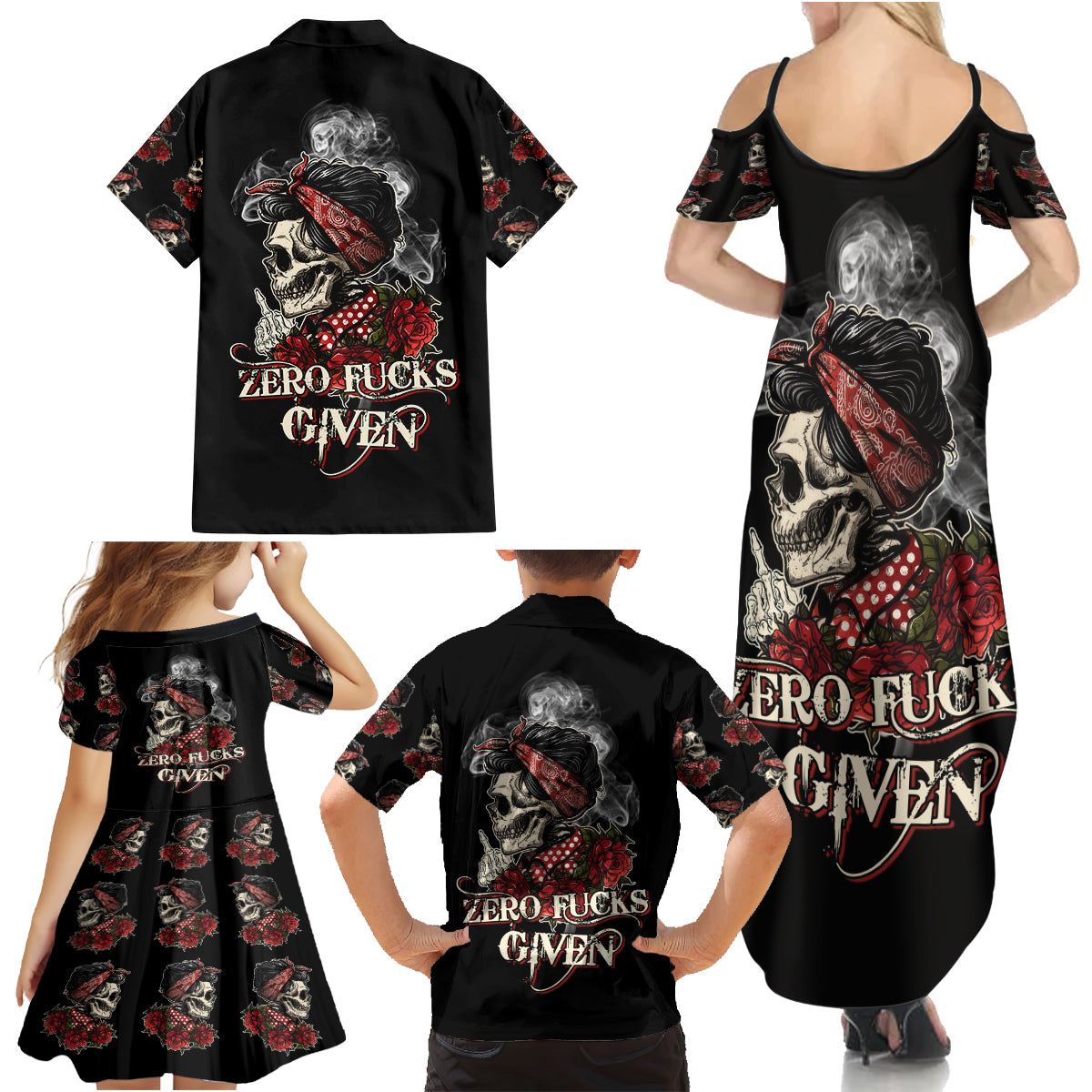 Skl Rose - Zero Fck Given Family Matching Summer Maxi Dress and Hawaiian Shirt - Wonder Print Shop