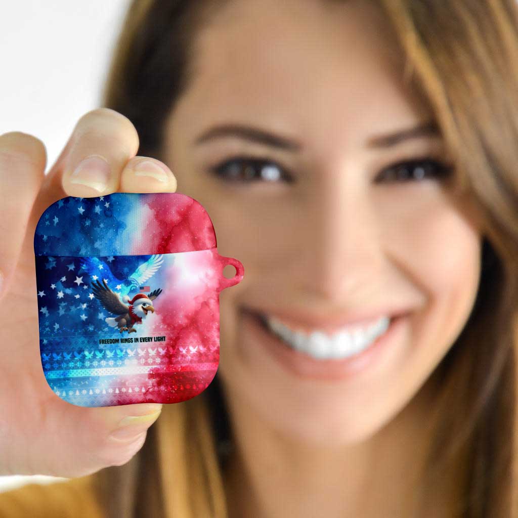 USA Christmas AirPods Case with Santa Eagle Red White Blue Snowflake Pattern and American Flag - Wonder Print Shop