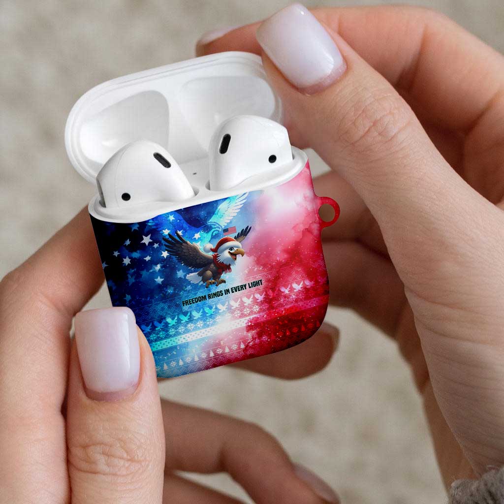 USA Christmas AirPods Case with Santa Eagle Red White Blue Snowflake Pattern and American Flag - Wonder Print Shop