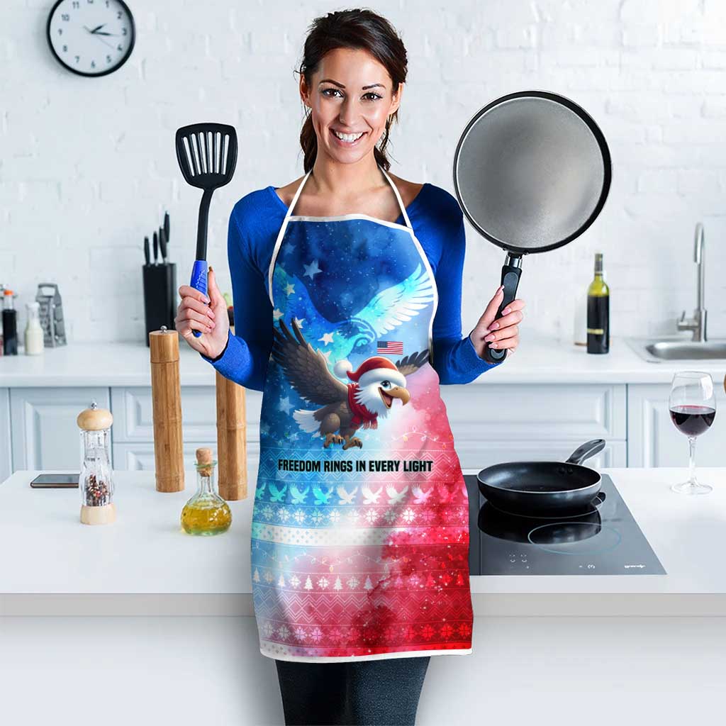 USA Christmas Apron with Santa Eagle Red White Blue Snowflake Pattern and American Flag - Wonder Print Shop
