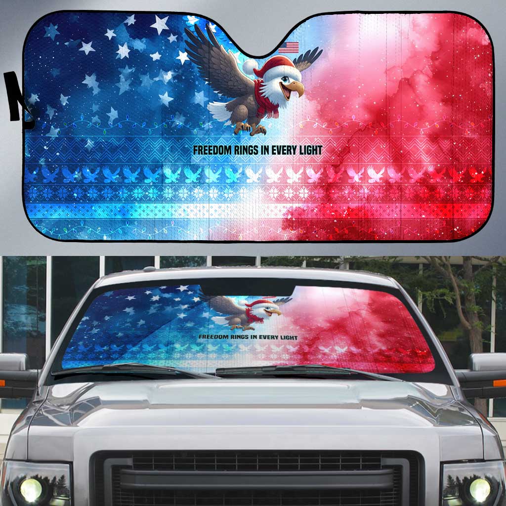 USA Christmas Auto Sun Shade with Santa Eagle Red White Blue Snowflake Pattern and American Flag - Wonder Print Shop