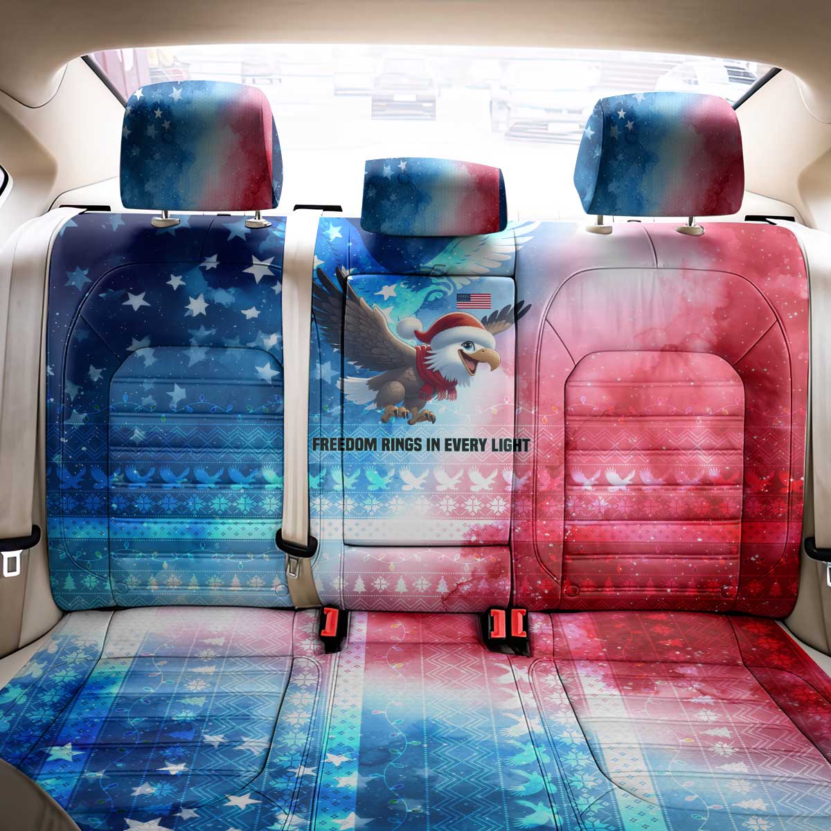 USA Christmas Back Car Seat Cover with Santa Eagle Red White Blue Snowflake Pattern and American Flag - Wonder Print Shop