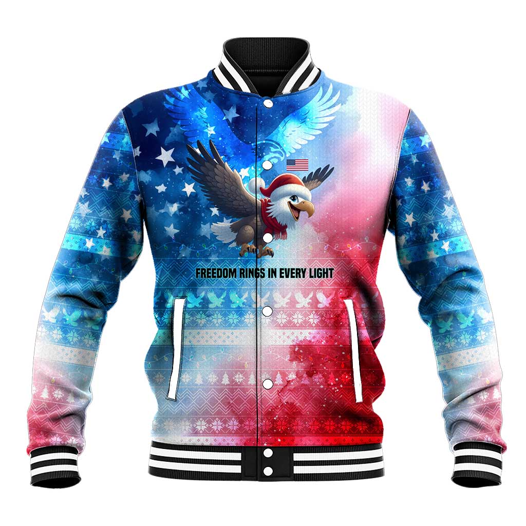 USA Christmas Baseball Jacket with Santa Eagle Red White Blue Snowflake Pattern and American Flag - Wonder Print Shop