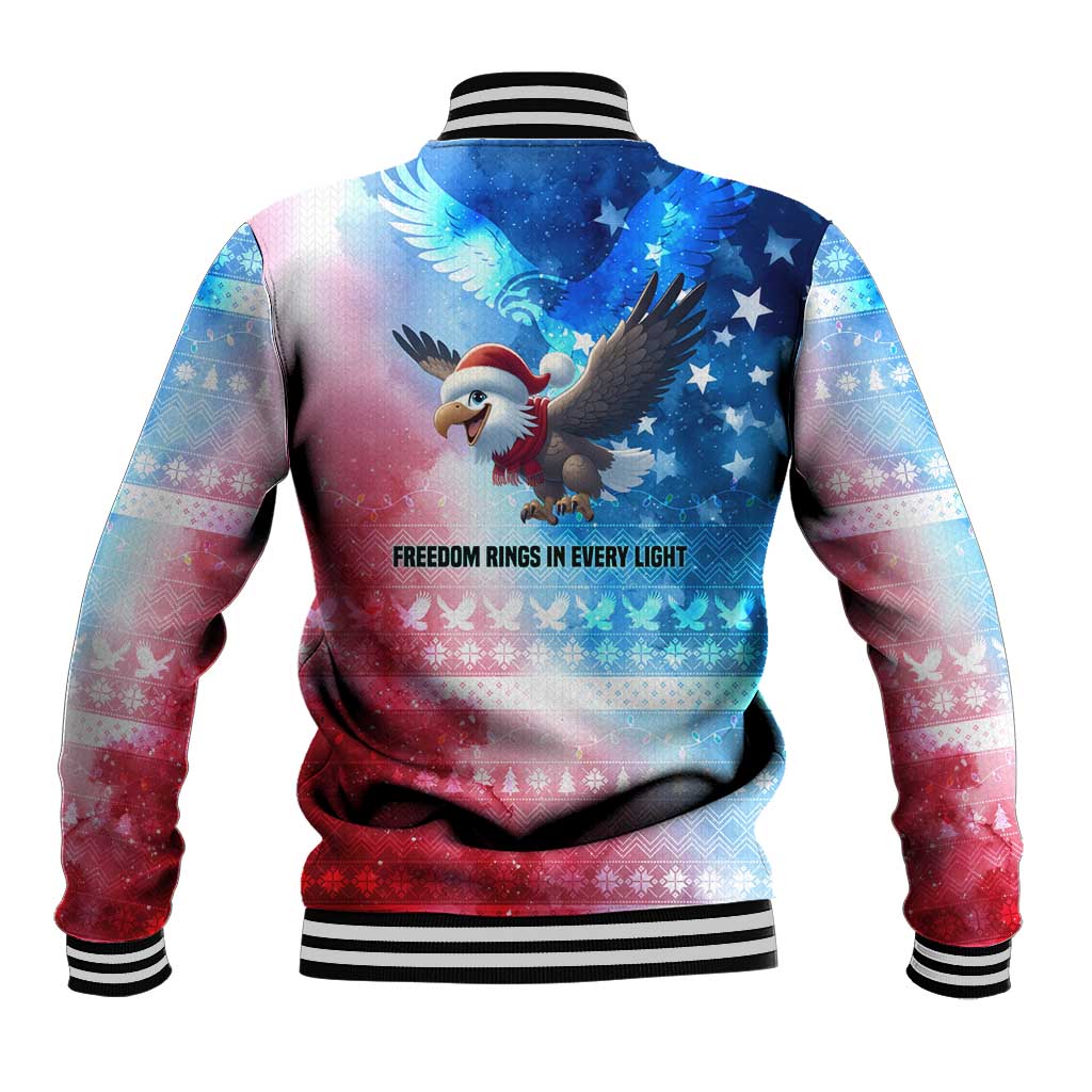 USA Christmas Baseball Jacket with Santa Eagle Red White Blue Snowflake Pattern and American Flag - Wonder Print Shop