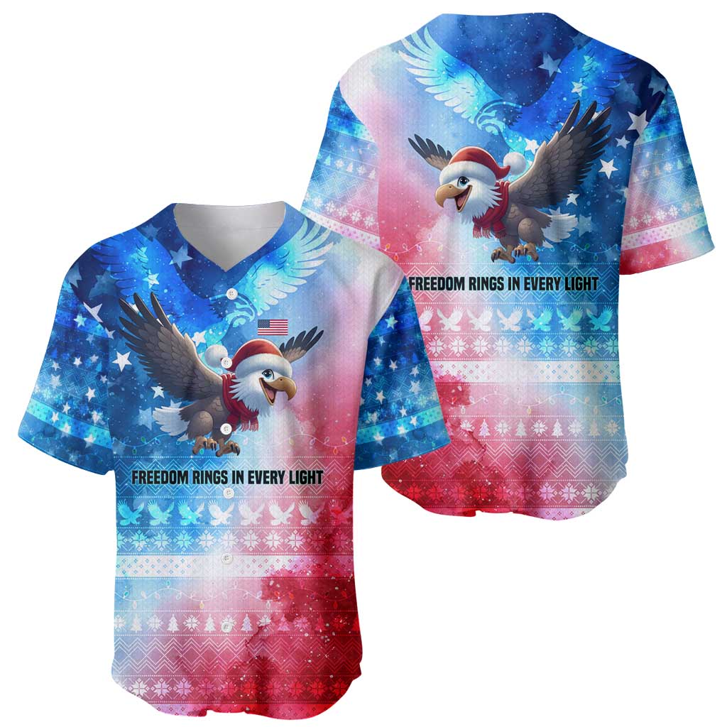 USA Christmas Baseball Jersey with Santa Eagle Red White Blue Snowflake Pattern and American Flag - Wonder Print Shop