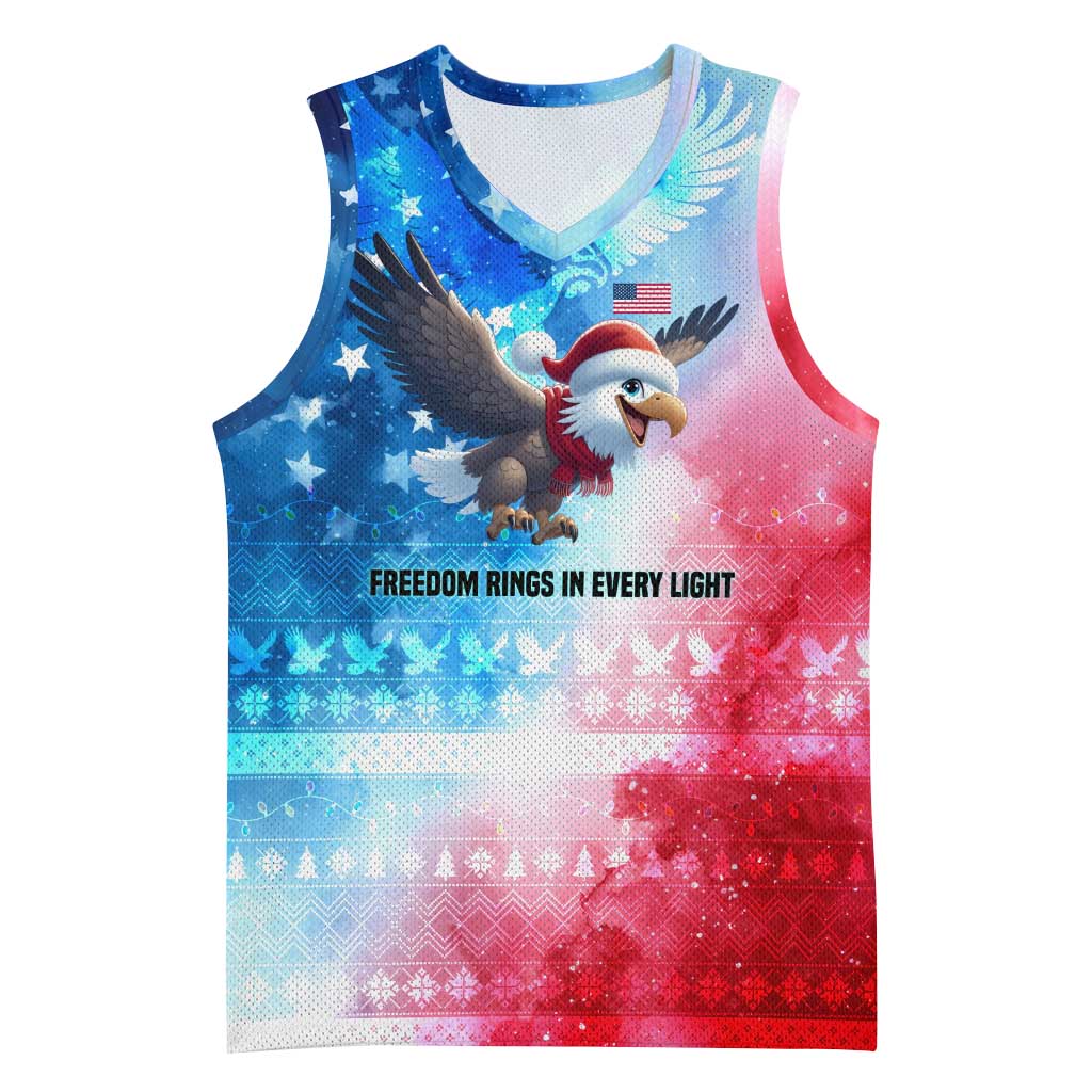 USA Christmas Basketball Jersey with Santa Eagle Red White Blue Snowflake Pattern and American Flag - Wonder Print Shop