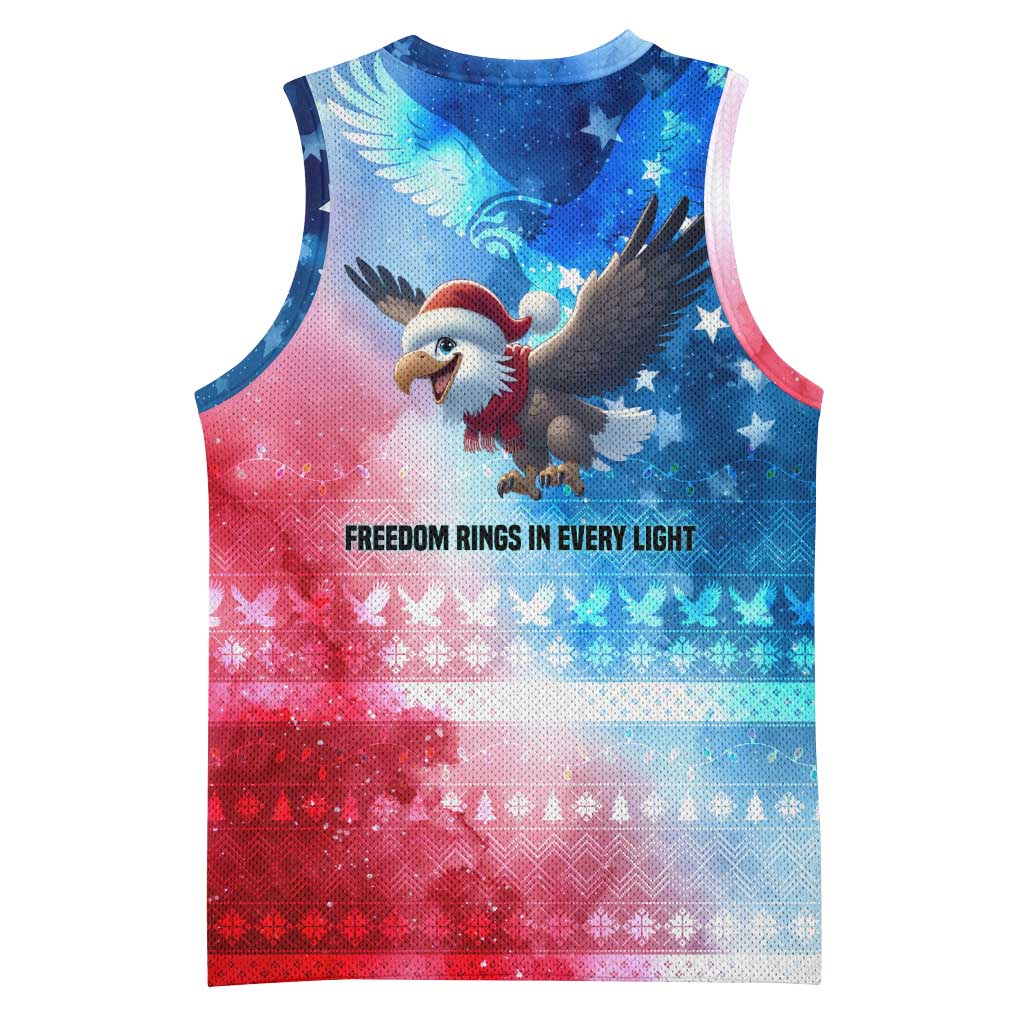 USA Christmas Basketball Jersey with Santa Eagle Red White Blue Snowflake Pattern and American Flag - Wonder Print Shop