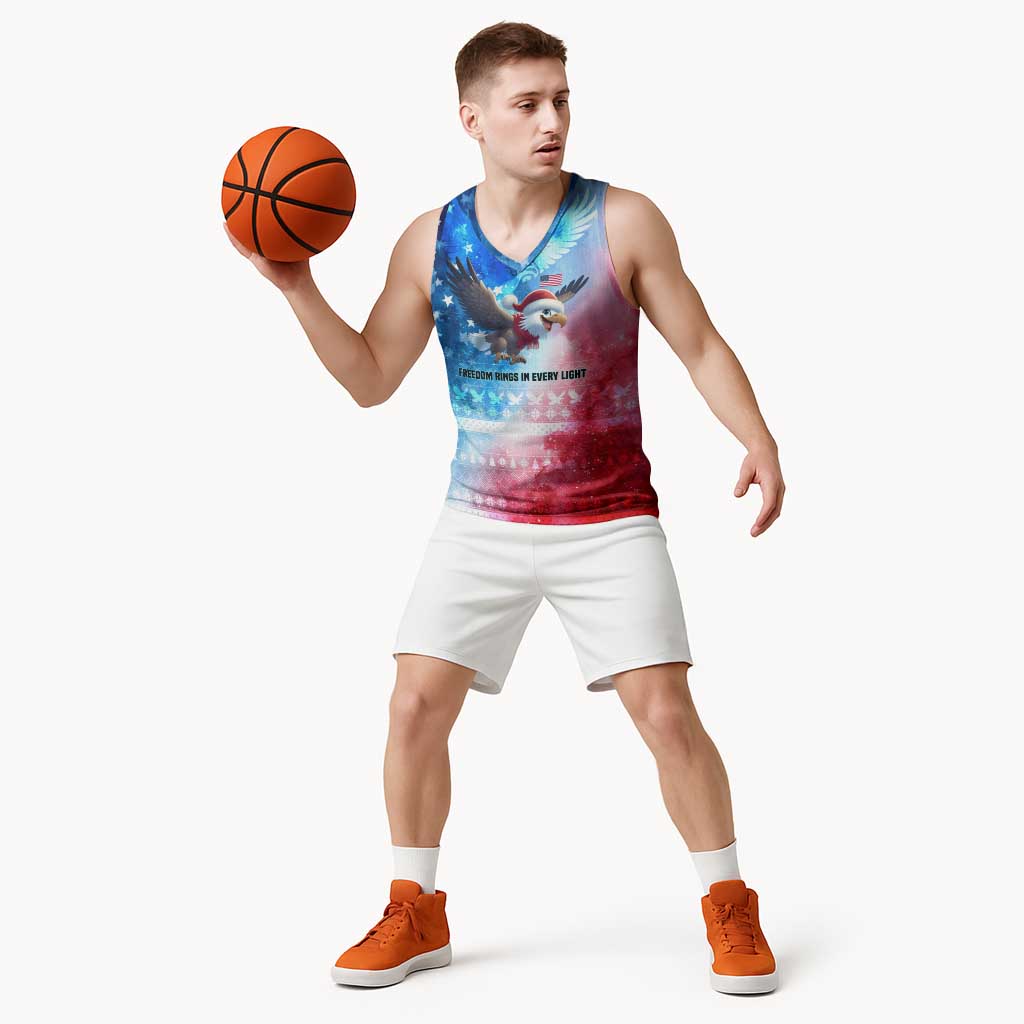 USA Christmas Basketball Jersey with Santa Eagle Red White Blue Snowflake Pattern and American Flag - Wonder Print Shop