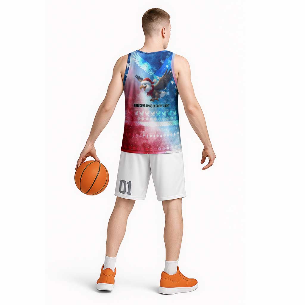USA Christmas Basketball Jersey with Santa Eagle Red White Blue Snowflake Pattern and American Flag - Wonder Print Shop