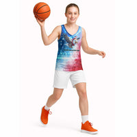 USA Christmas Basketball Jersey with Santa Eagle Red White Blue Snowflake Pattern and American Flag - Wonder Print Shop