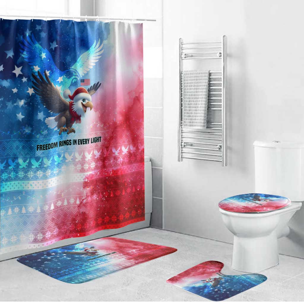 USA Christmas Bathroom Set with Santa Eagle Red White Blue Snowflake Pattern and American Flag - undefined
