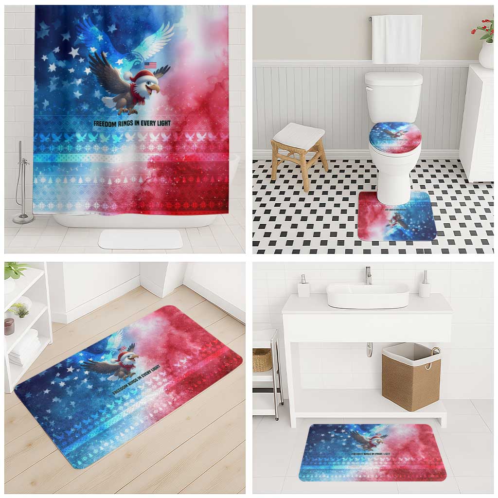 USA Christmas Bathroom Set with Santa Eagle Red White Blue Snowflake Pattern and American Flag - undefined