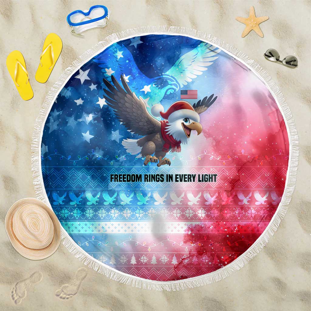 USA Christmas Beach Blanket with Santa Eagle Red White Blue Snowflake Pattern and American Flag - Wonder Print Shop