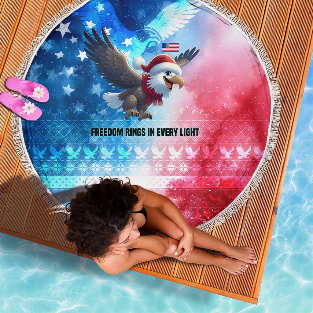 USA Christmas Beach Blanket with Santa Eagle Red White Blue Snowflake Pattern and American Flag - Wonder Print Shop