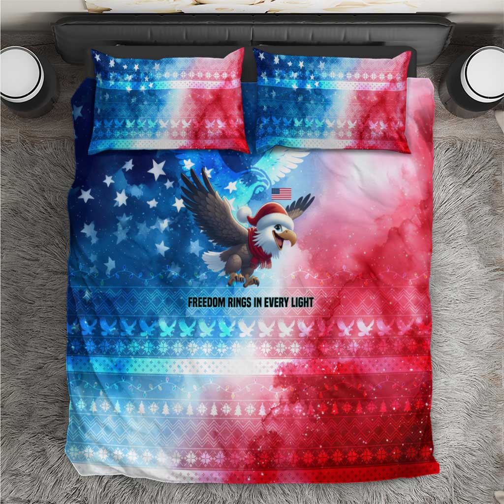 USA Christmas Bedding Set with Santa Eagle Red White Blue Snowflake Pattern and American Flag - Wonder Print Shop