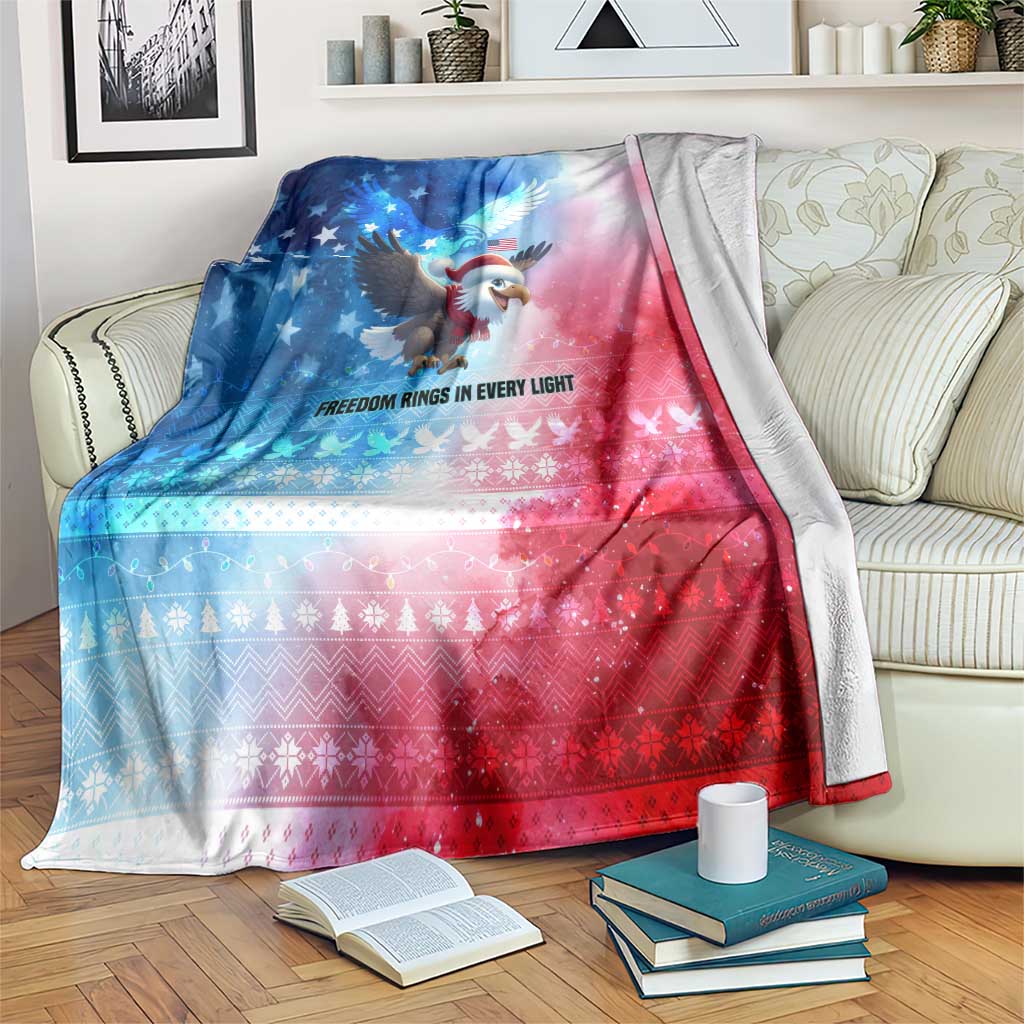 USA Christmas Blanket with Santa Eagle Red White Blue Snowflake Pattern and American Flag - Wonder Print Shop