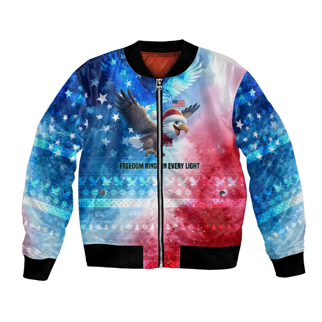 USA Christmas Bomber Jacket with Santa Eagle Red White Blue Snowflake Pattern and American Flag - Wonder Print Shop