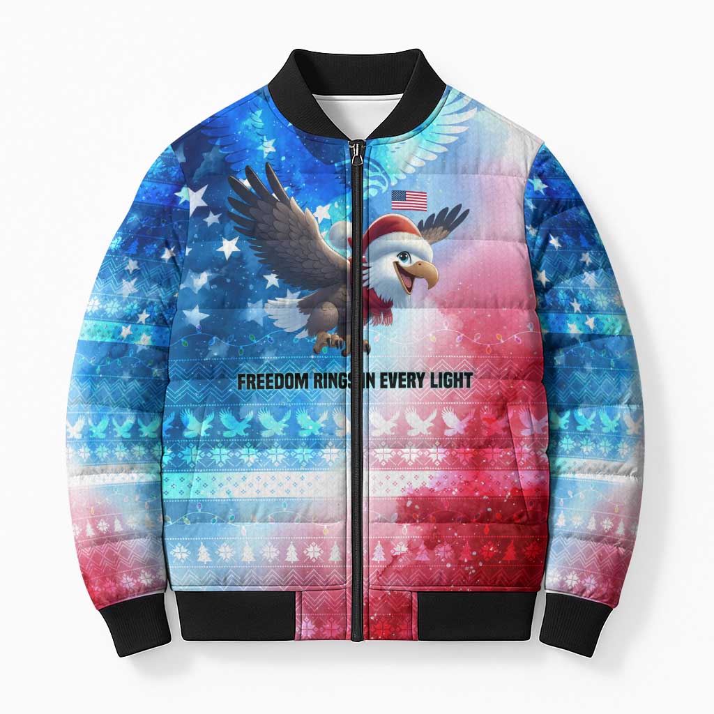 USA Christmas Bomber Puffer Jacket with Santa Eagle Red White Blue Snowflake Pattern and American Flag - Wonder Print Shop