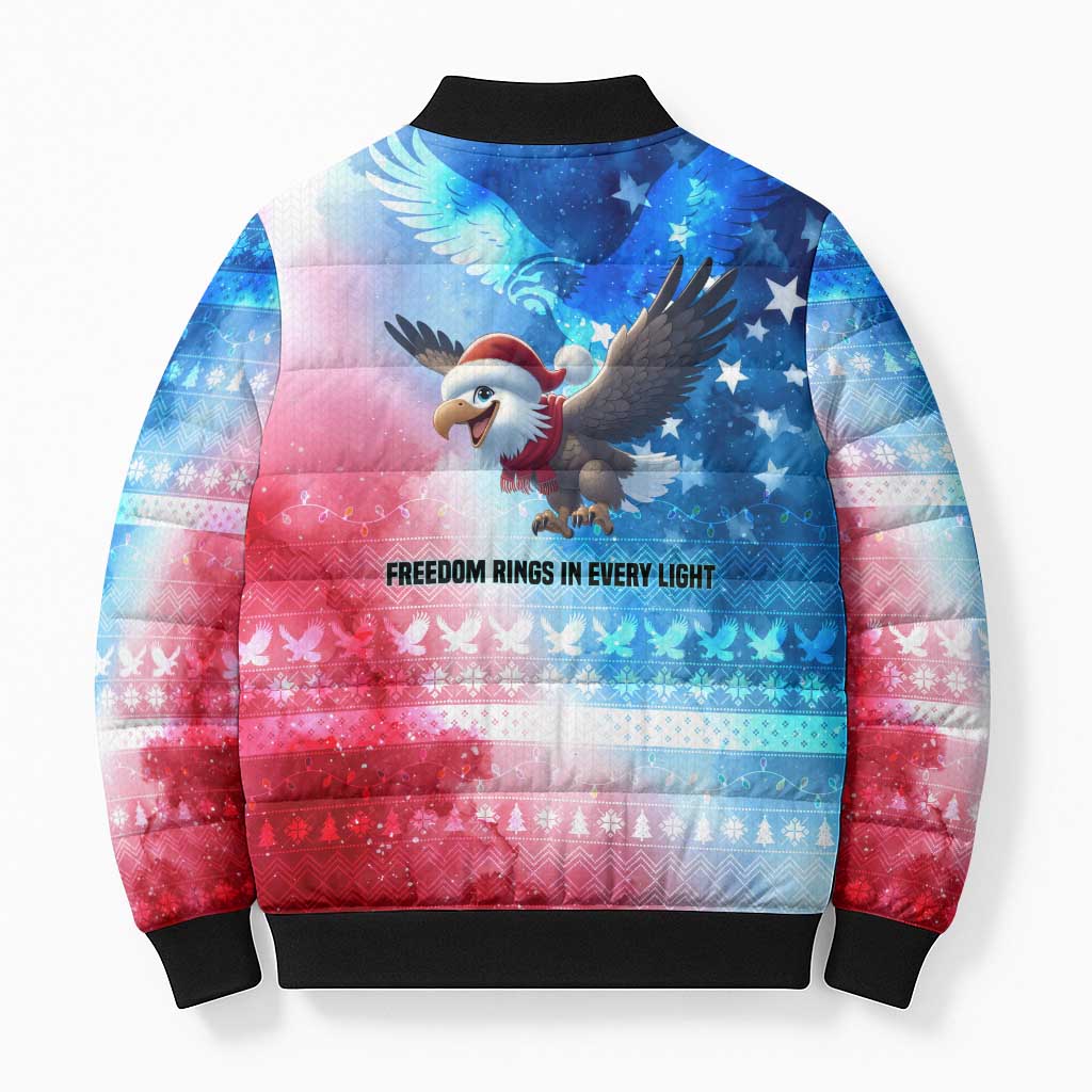 USA Christmas Bomber Puffer Jacket with Santa Eagle Red White Blue Snowflake Pattern and American Flag - Wonder Print Shop