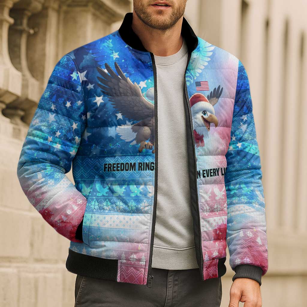 USA Christmas Bomber Puffer Jacket with Santa Eagle Red White Blue Snowflake Pattern and American Flag - Wonder Print Shop