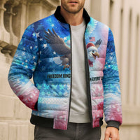 USA Christmas Bomber Puffer Jacket with Santa Eagle Red White Blue Snowflake Pattern and American Flag - Wonder Print Shop