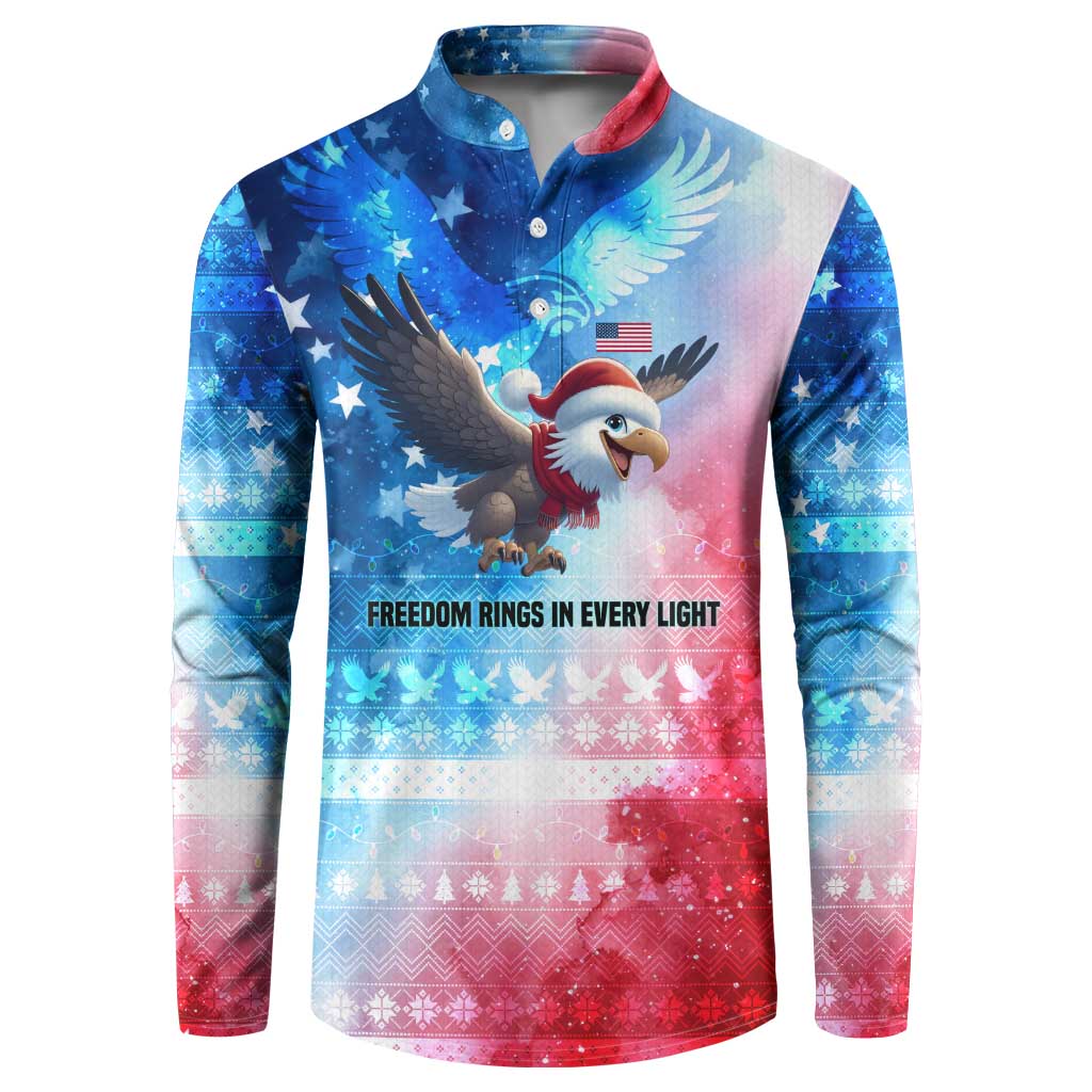 USA Christmas Button Sweatshirt with Santa Eagle Red White Blue Snowflake Pattern and American Flag - Wonder Print Shop