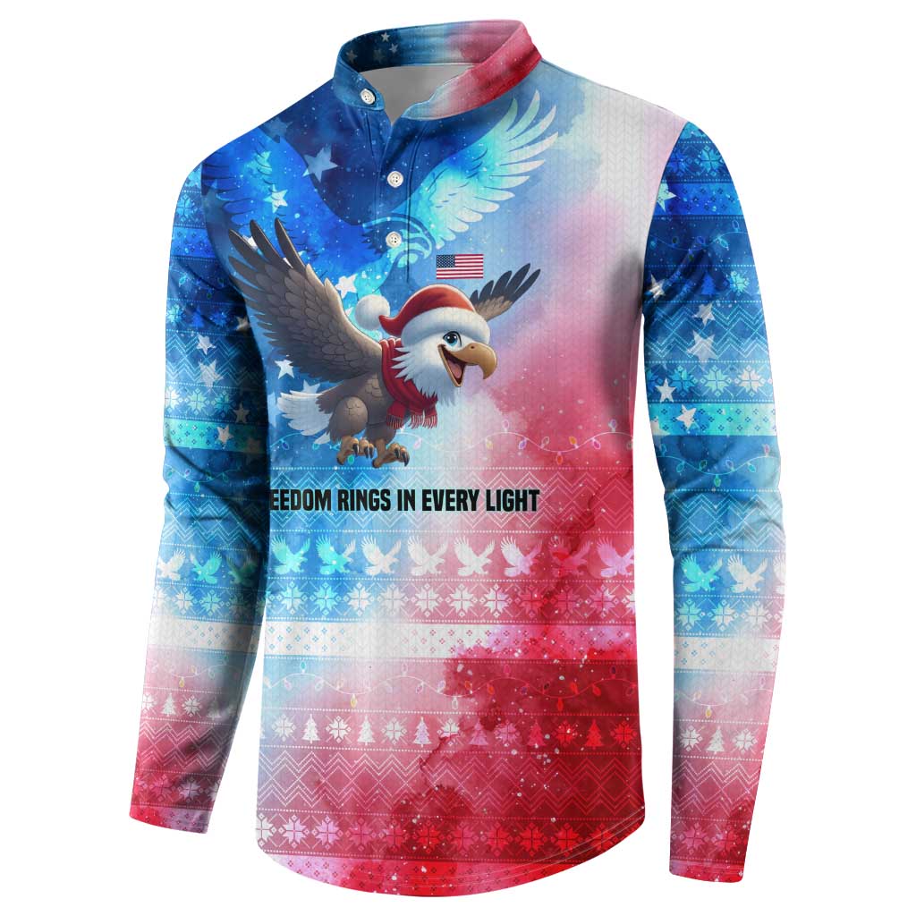 USA Christmas Button Sweatshirt with Santa Eagle Red White Blue Snowflake Pattern and American Flag - Wonder Print Shop