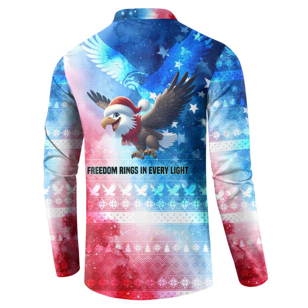 USA Christmas Button Sweatshirt with Santa Eagle Red White Blue Snowflake Pattern and American Flag - Wonder Print Shop