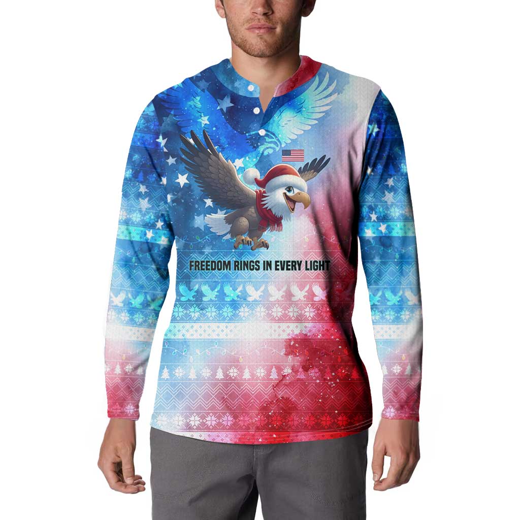 USA Christmas Button Sweatshirt with Santa Eagle Red White Blue Snowflake Pattern and American Flag - Wonder Print Shop
