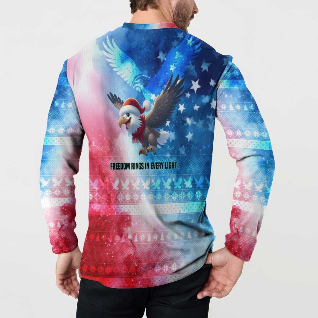 USA Christmas Button Sweatshirt with Santa Eagle Red White Blue Snowflake Pattern and American Flag - Wonder Print Shop