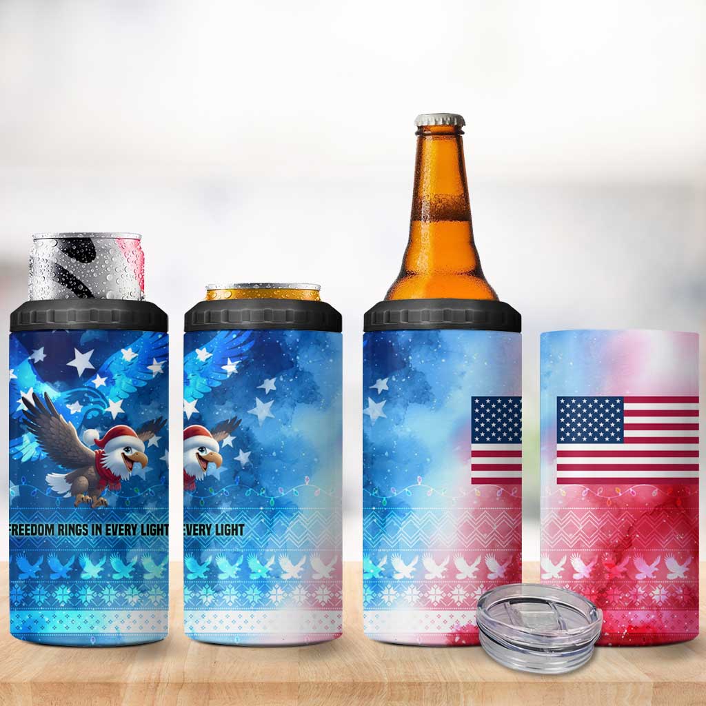 USA Christmas 4 in 1 Can Cooler Tumbler with Santa Eagle Red White Blue Snowflake Pattern and American Flag - Wonder Print Shop