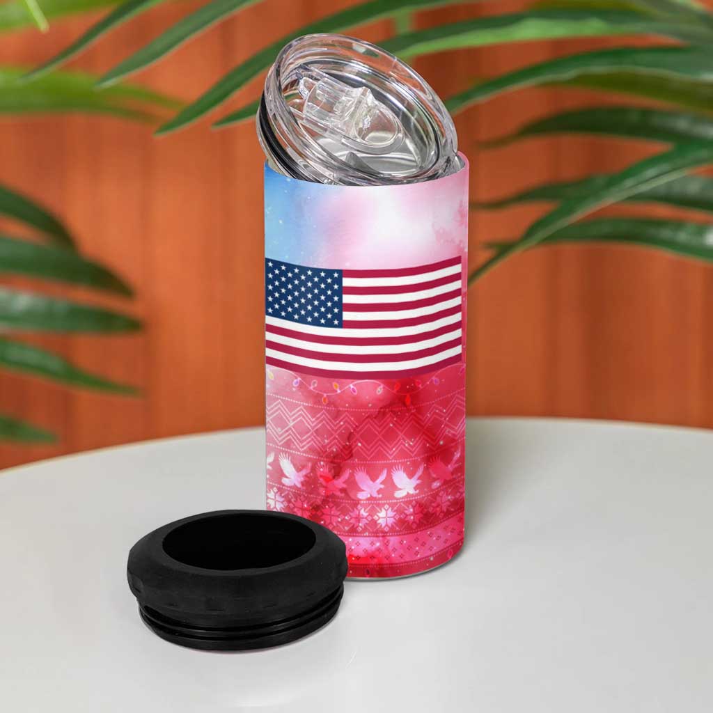 USA Christmas 4 in 1 Can Cooler Tumbler with Santa Eagle Red White Blue Snowflake Pattern and American Flag - Wonder Print Shop