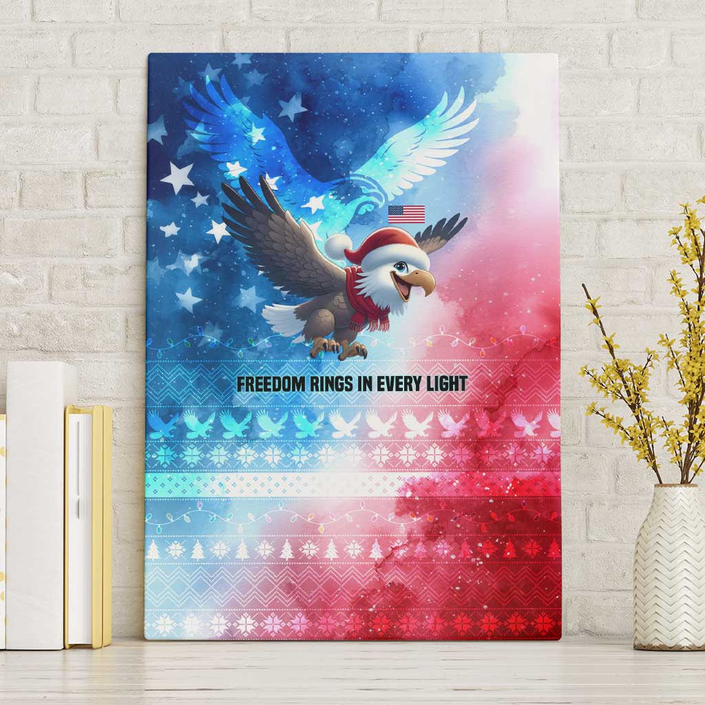 USA Christmas Canvas Wall Art with Santa Eagle Red White Blue Snowflake Pattern and American Flag - Wonder Print Shop